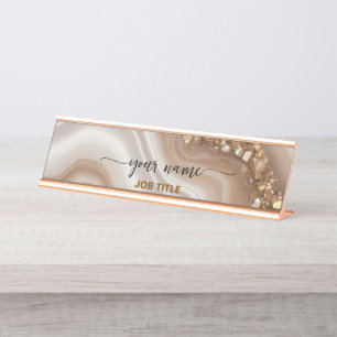 Watercolor Nuteral Beige Rose Gold Desk Name Plate