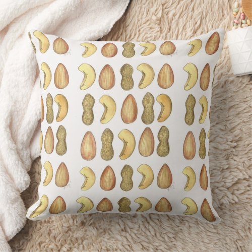 Watercolor Nuts Peanut Cashew Almond Nut Print Throw Pillow