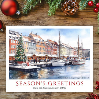 Watercolor Nyhavn Copenhagen Denmark Christmas Holiday Postcard