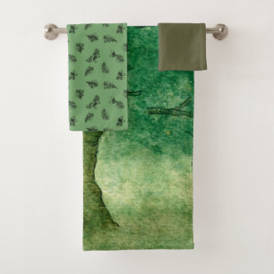 Watercolor Oak Tree Leaves & Acorns Pattern Green Bath Towel Set