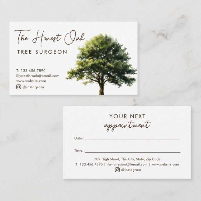 Watercolor Oak Tree Modern Elegant Script  Appointment Card (Front/Back)