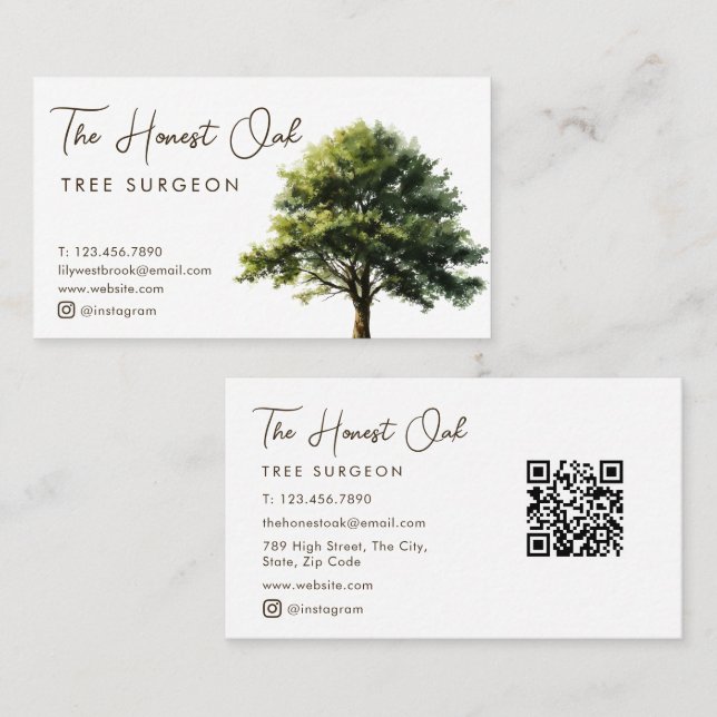  Watercolor Oak Tree Modern Elegant Script Business Card (Front/Back)
