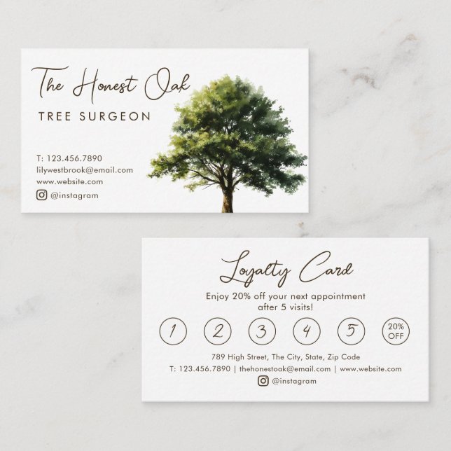 Watercolor Oak Tree Modern Elegant Script  Loyalty Card (Front/Back)