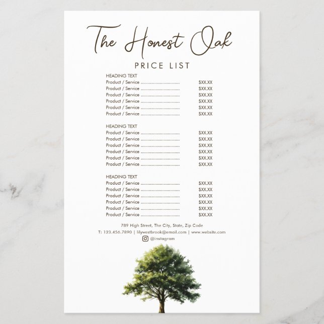 Watercolor Oak Tree Modern Elegant Service Menu Flyer (Front)