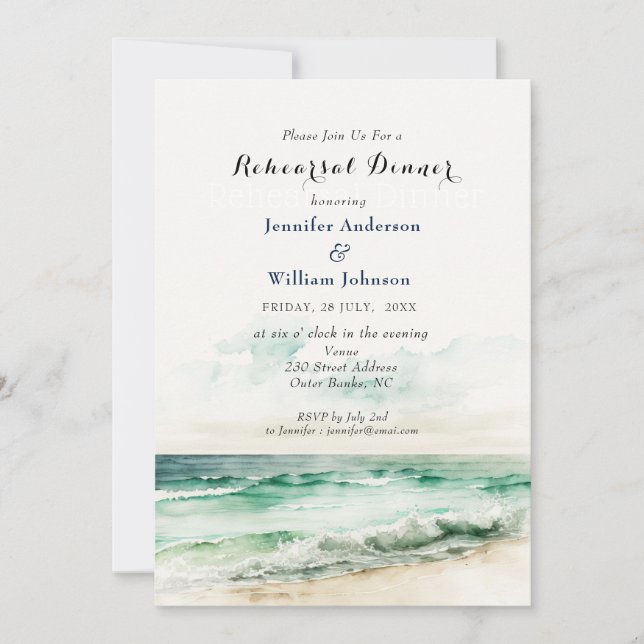 Watercolor Ocean and Beach Rehearsal Dinner Announcement (Front)