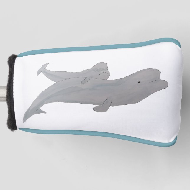 Watercolor Ocean Animal Mother Baby Beluga Whale Golf Head Cover (Front)