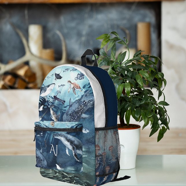 Watercolor Ocean Animals | Monogram Printed Backpack (Creator Uploaded)