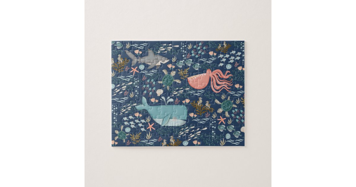 Watercolor Ocean Animals Seek and Find Blue Art Jigsaw Puzzle | Zazzle