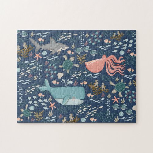 Watercolor Ocean Animals Seek and Find Blue Art Jigsaw Puzzle