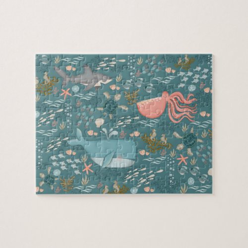 Watercolor Ocean Animals Seek and Find Teal Art Jigsaw Puzzle
