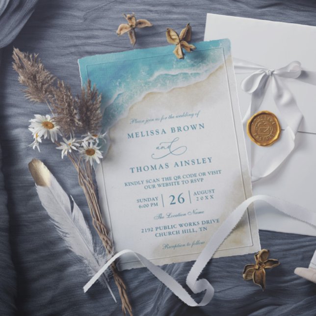 Watercolor Ocean Beach Coastal QR Code Wedding Invitation (Creator Uploaded)