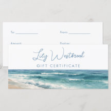 Watercolor Ocean Beach Elegant Gift Certificate
