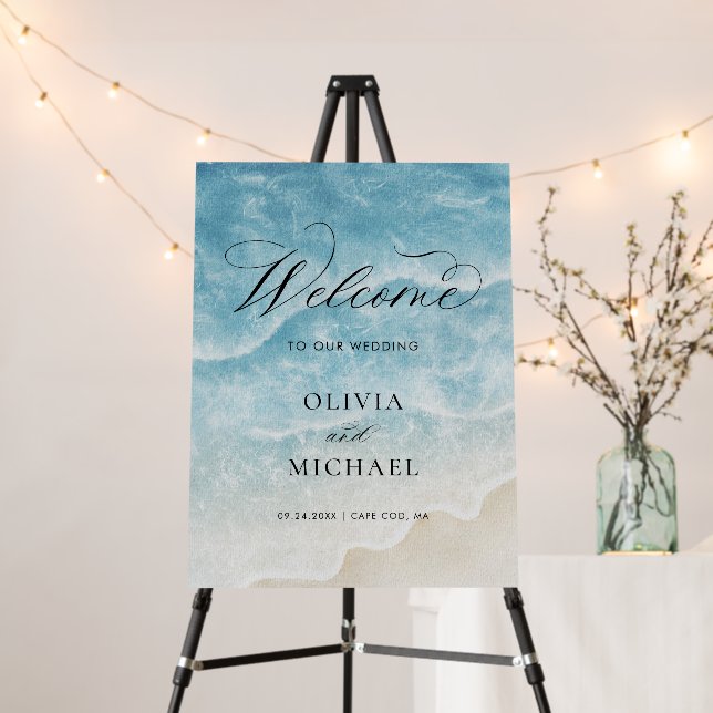 Watercolor Ocean Beach Elegant Script Wedding  Foam Board (In Situ (Stand))