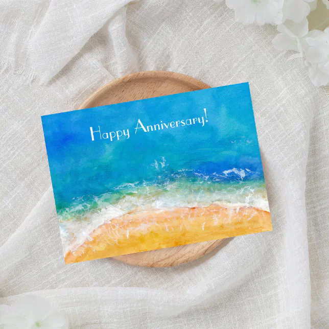 Watercolor Ocean Beach Happy Anniversary Card | Zazzle