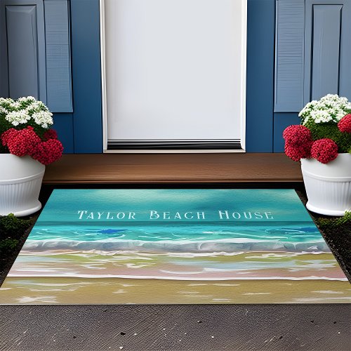 Watercolor Ocean Beach House Sand Sea Family Name Doormat