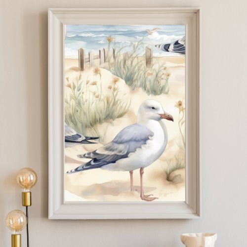 Watercolor Ocean Beach Seagull Poster  