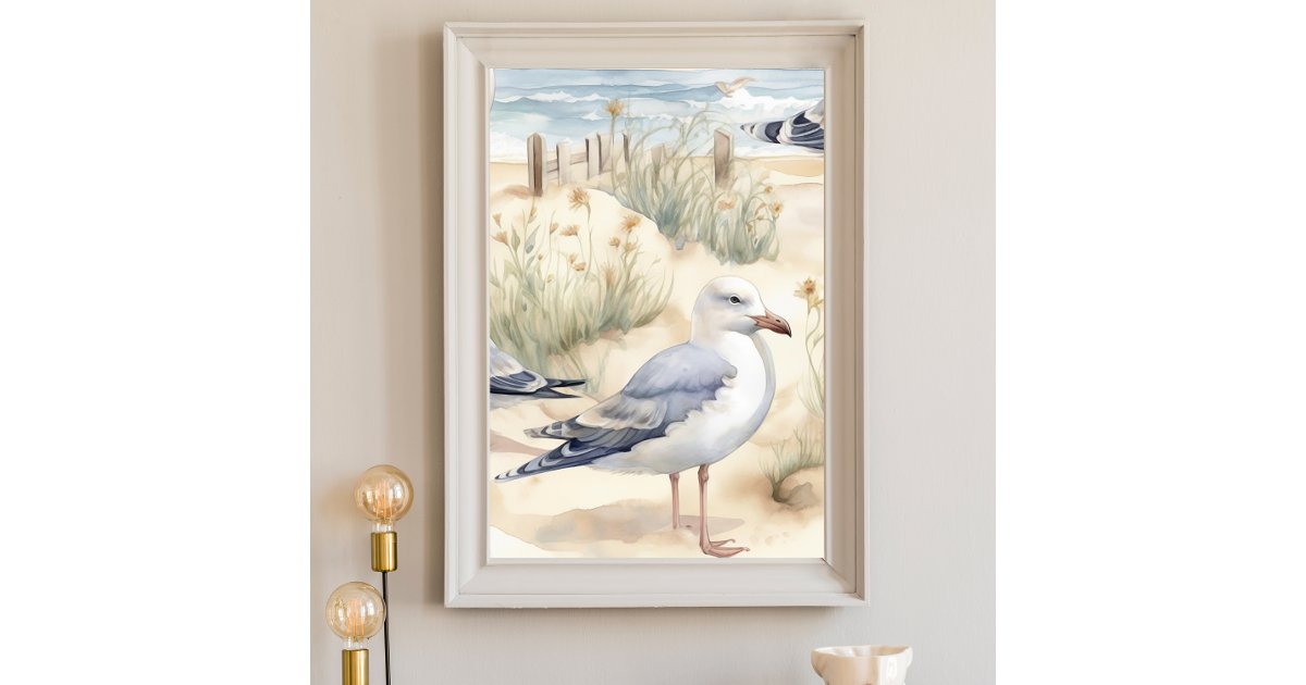 Watercolor Ocean Beach Seagull Poster | Zazzle