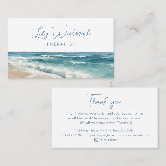 Watercolor Ocean Beach Therapist Elegant Thank You Business Card (Front/Back)