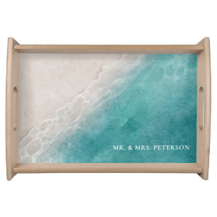 Watercolor Ocean Beach Wedding Mr & Mrs Serving Tray