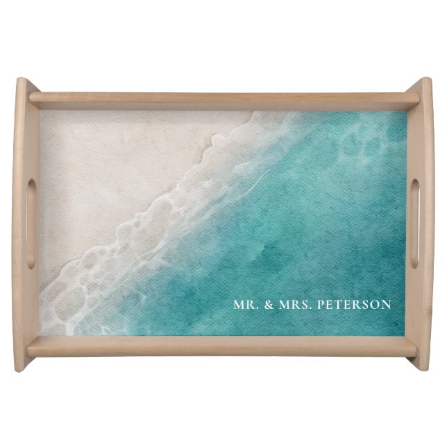 Watercolor Ocean Beach Wedding Mr & Mrs Serving Tray (Front)