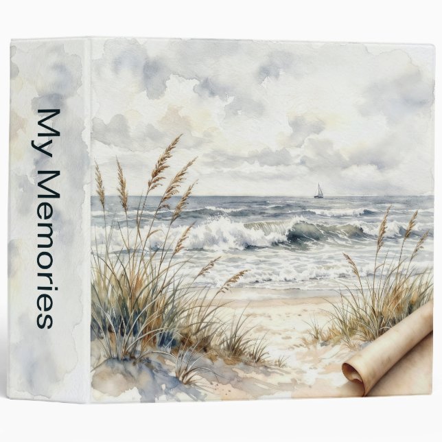 Watercolor Ocean Beach with Curled Paper 3 Ring Binder (Front/Spine)