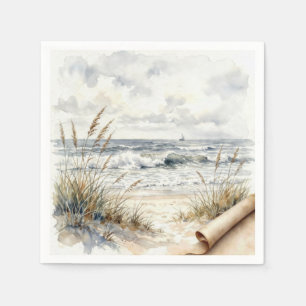 Watercolor Ocean Beach with Curled Paper Napkins