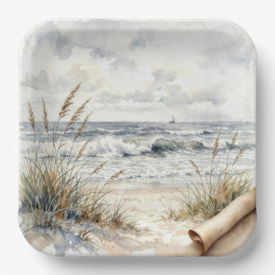 Watercolor Ocean Beach with Curled Paper Plates