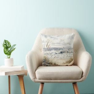 Watercolor Ocean Beach with Curled Paper Throw Pillow