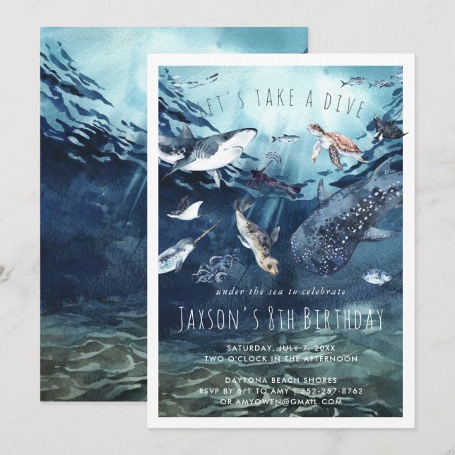 Watercolor Ocean | Birthday Party Invitation (Front/Back)