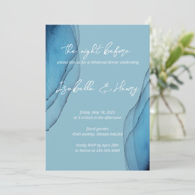Watercolor ocean-blue aquamarine Rehearsal Dinner Invitation (Standing Front)