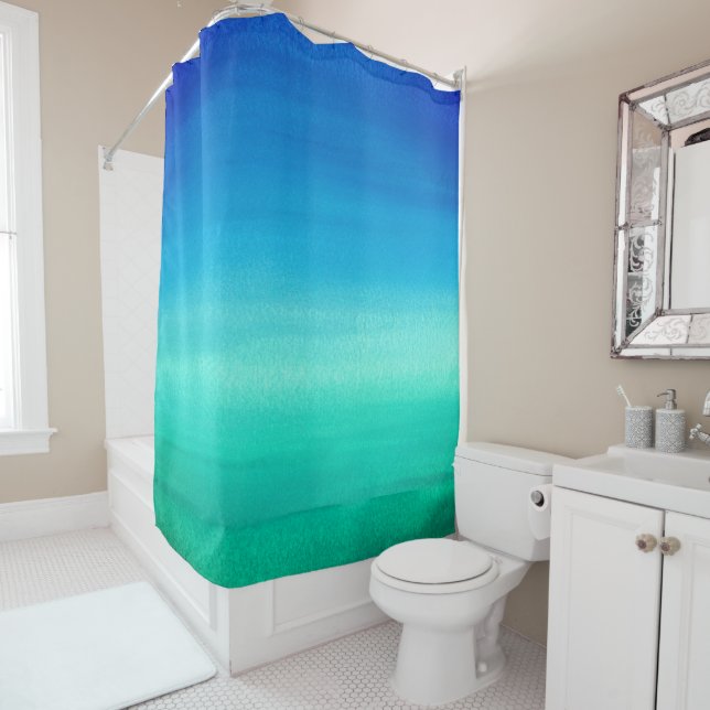 Watercolor Ocean Blue Green Beachy Tropical Shower Curtain (In Situ)