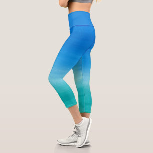 Watercolor Ocean Blue Green Summer Theme Exercise Capri Leggings