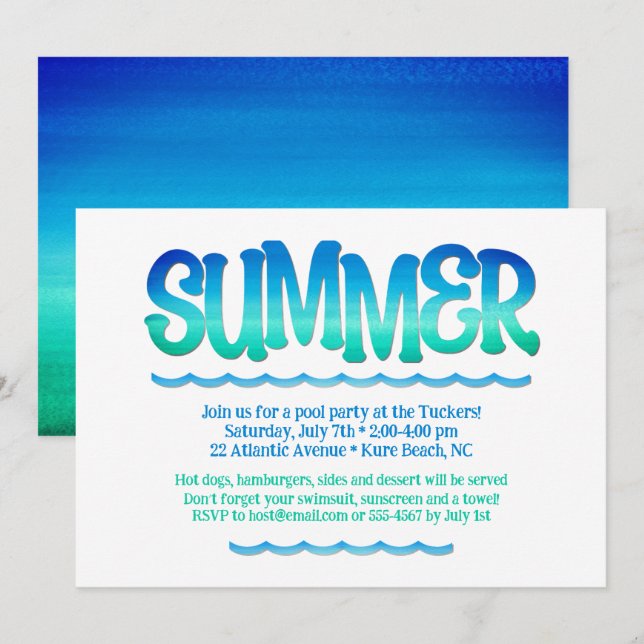 Watercolor Ocean Blue & Green Waves Summer Party Invitation (Front/Back)