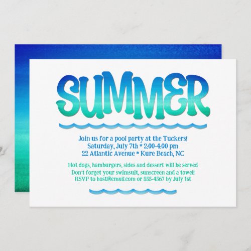 Watercolor Ocean Blue  Green Waves Summer Party Invitation