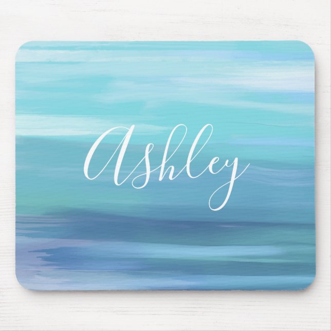 Watercolor Ocean Blue Personalized Mouse Pad (Front)