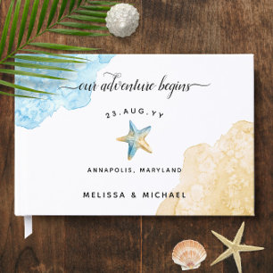 Watercolor Ocean Blue Sand 🌊 Beach Wedding Guest Book