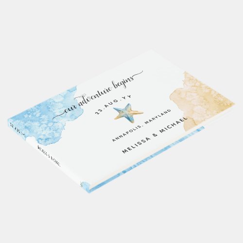 Watercolor Ocean Blue Sand Beach Wedding Starfish Guest Book