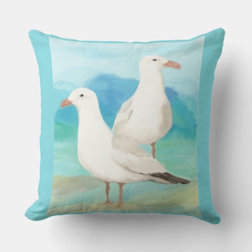 Watercolor Ocean Blue Seagulls Bird Nature Art Outdoor Pillow