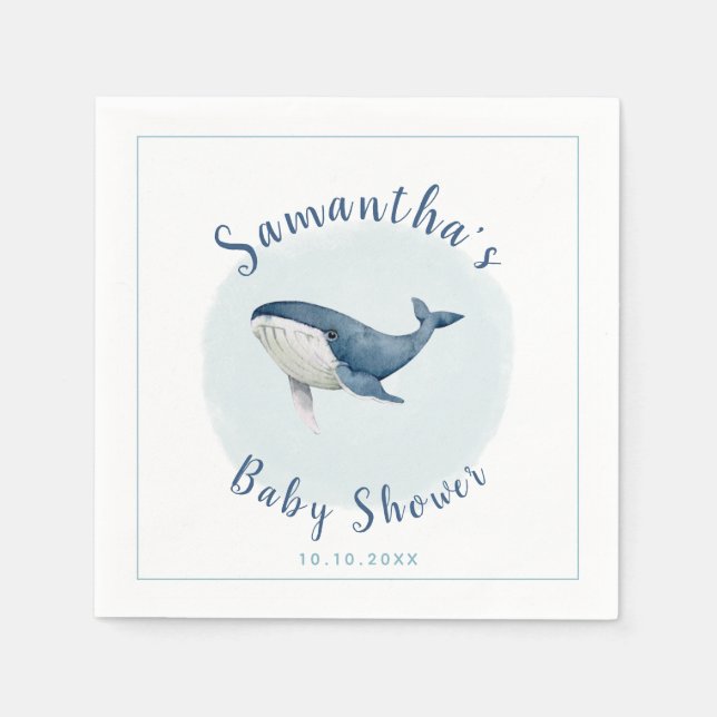 Watercolor Ocean Blue Whale Cute Boy's Baby Shower Napkins (Front)