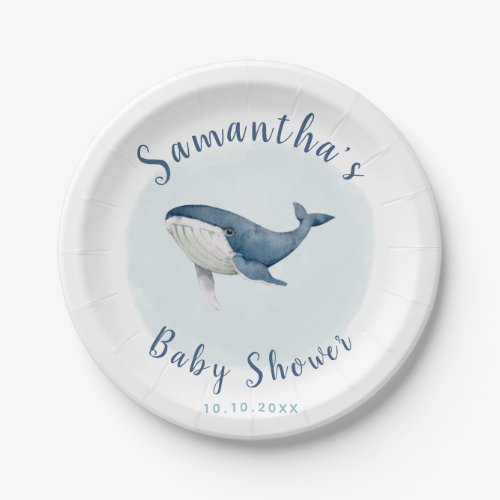 Watercolor Ocean Blue Whale Cute Boys Baby Shower Paper Plates