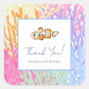 Watercolor Ocean Clown Fish Birthday Party Square Sticker