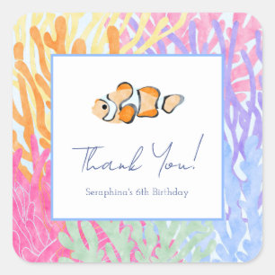 Watercolor Ocean Clown Fish Birthday Party Square Sticker