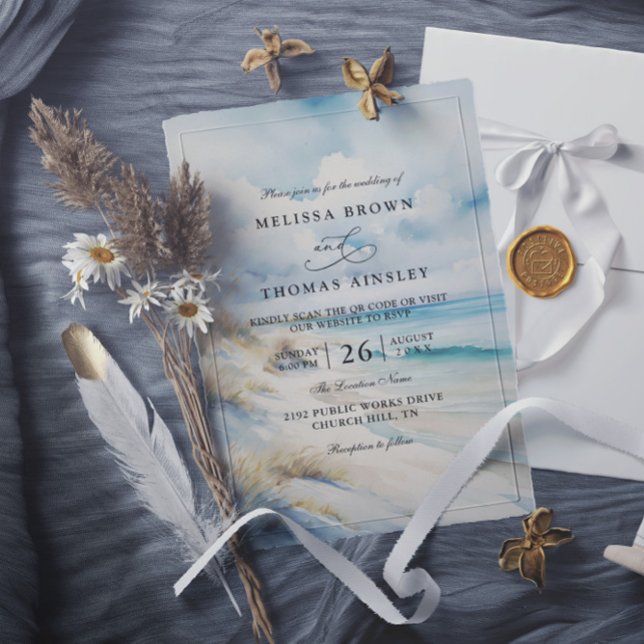 Watercolor Ocean Coastal Beach QR Code Wedding Invitation (Creator Uploaded)