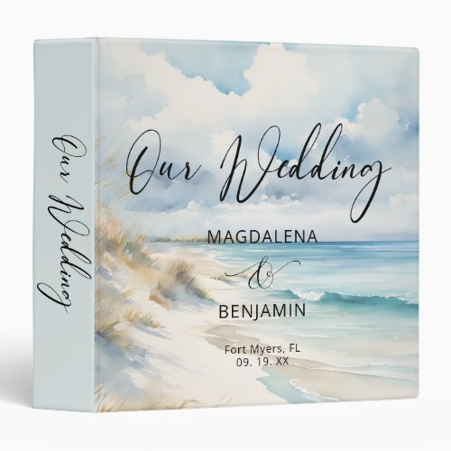 Watercolor Ocean Coastal On the Beach Wedding 3 Ring Binder
