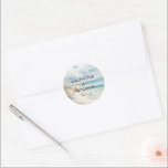 Watercolor Ocean Coastal On the Beach Wedding Classic Round Sticker<br><div class="desc">Set the tone for your special day with this elegant watercolor-painted seascape design. Featuring a white sand beach and ocean in nautical muted beige,  blue,  and turquoise colors.</div>