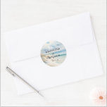 Watercolor Ocean Coastal On the Beach Wedding Classic Round Sticker<br><div class="desc">Set the tone for your special day with this elegant watercolor-painted seascape design. Featuring a white sand beach and ocean in nautical muted beige,  blue,  and turquoise colors.</div>