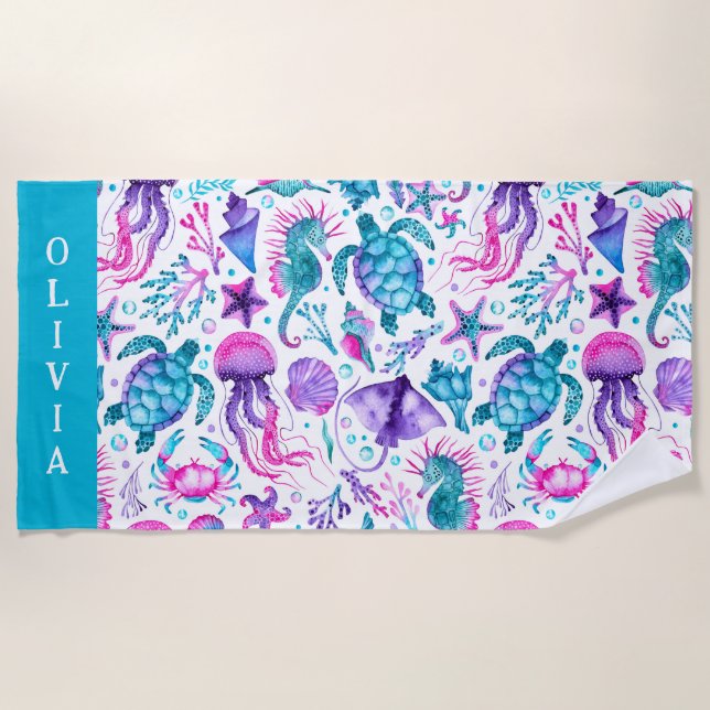 Watercolor Ocean Creatures Under the Sea Beach Towel (Front)