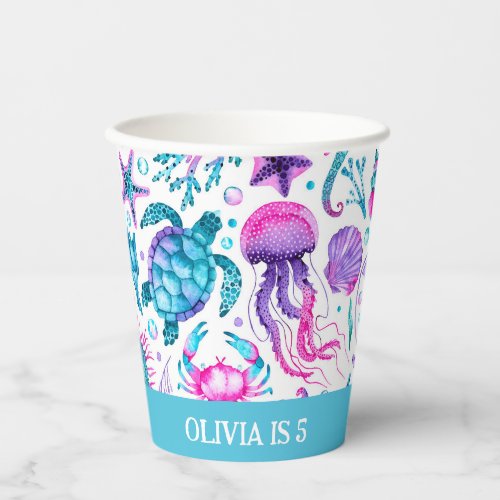 Watercolor Ocean Creatures Under the Sea Birthday Paper Cups