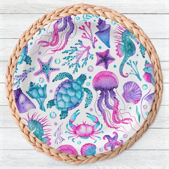 Watercolor Ocean Creatures Under the Sea Birthday Paper Plates (Watercolor Ocean Creatures Under the Sea Birthday Paper Plates)