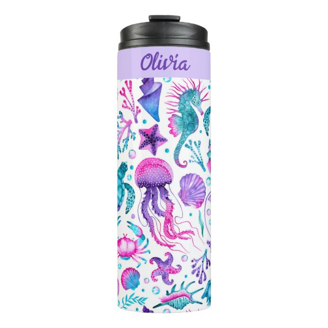 Watercolor Ocean Creatures Under the Sea Birthday Thermal Tumbler (Front)